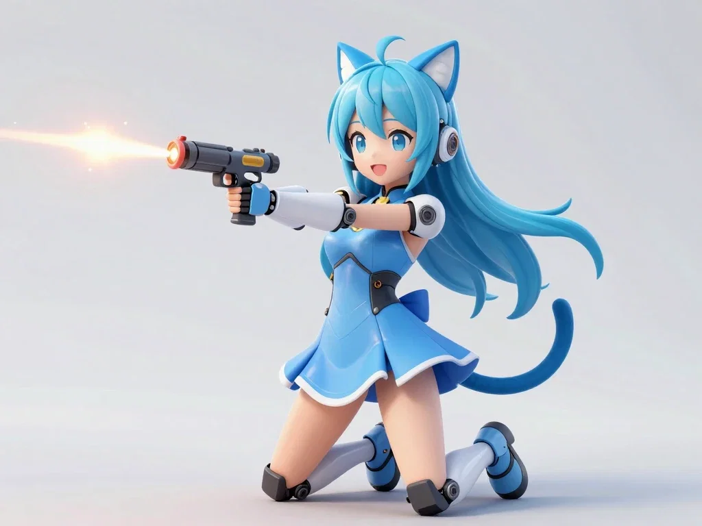 robot girl cat ears blue dress