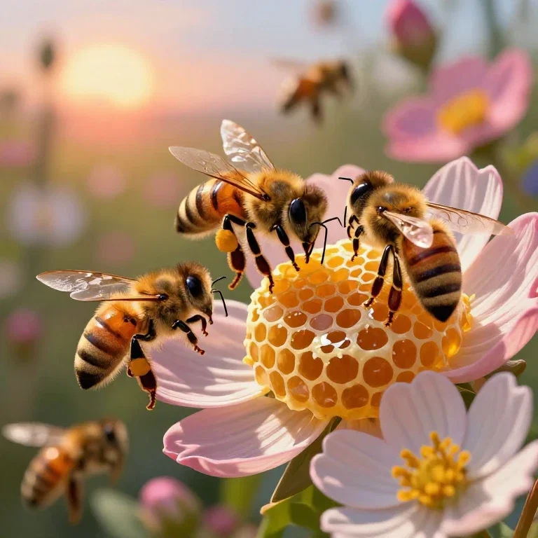 close up of healthy bees on flowers