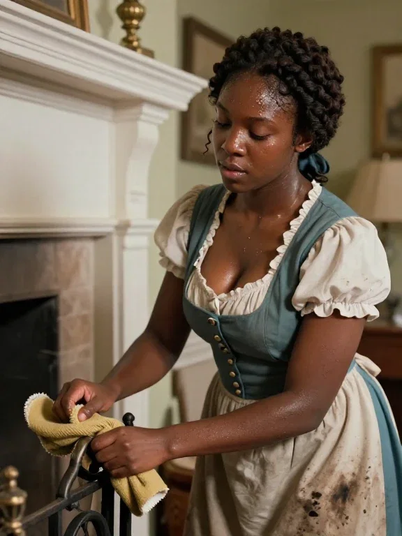 young black servant cleaning fireplace