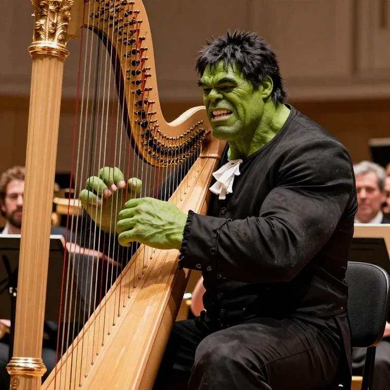green hulk plays harp with orchestra