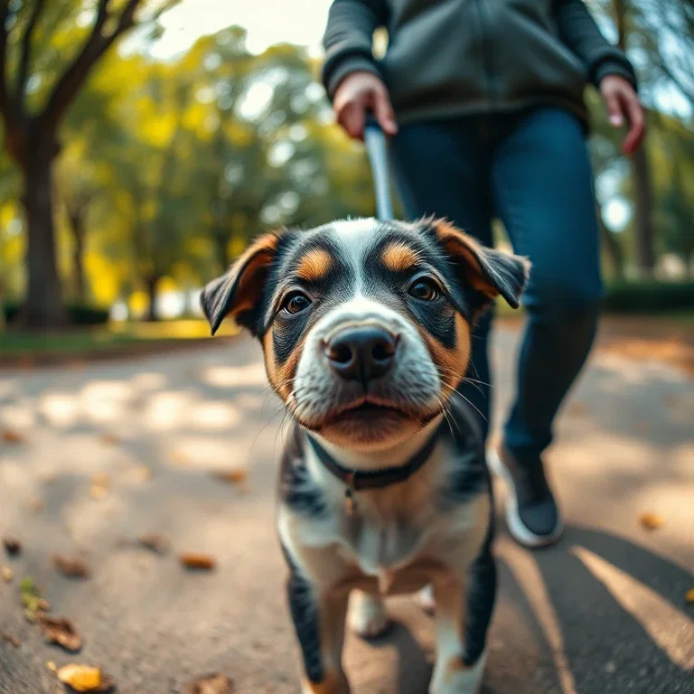 close up puppy led by owner