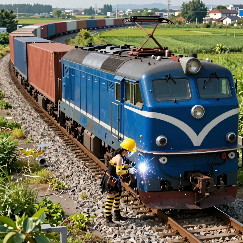japanese electric locomotive freight train curving through fields