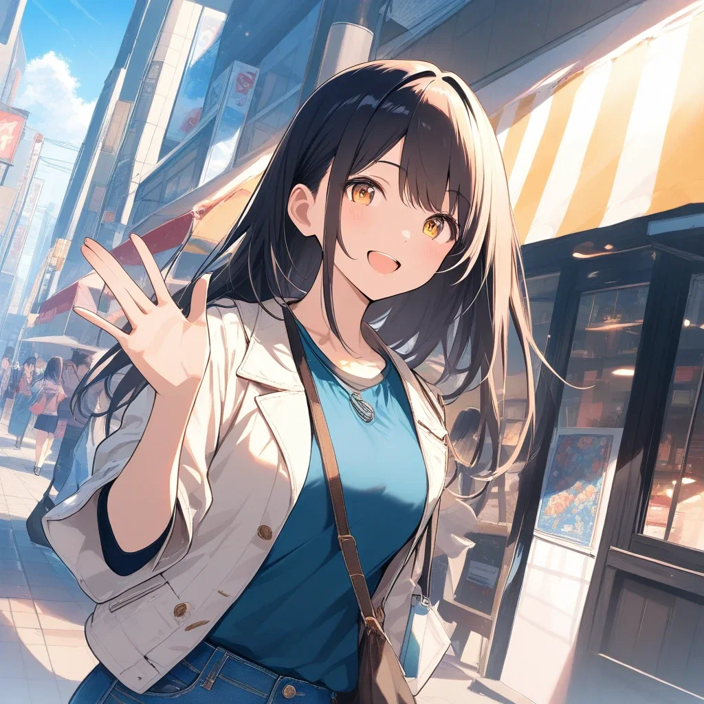 woman in denim waving at akihabara