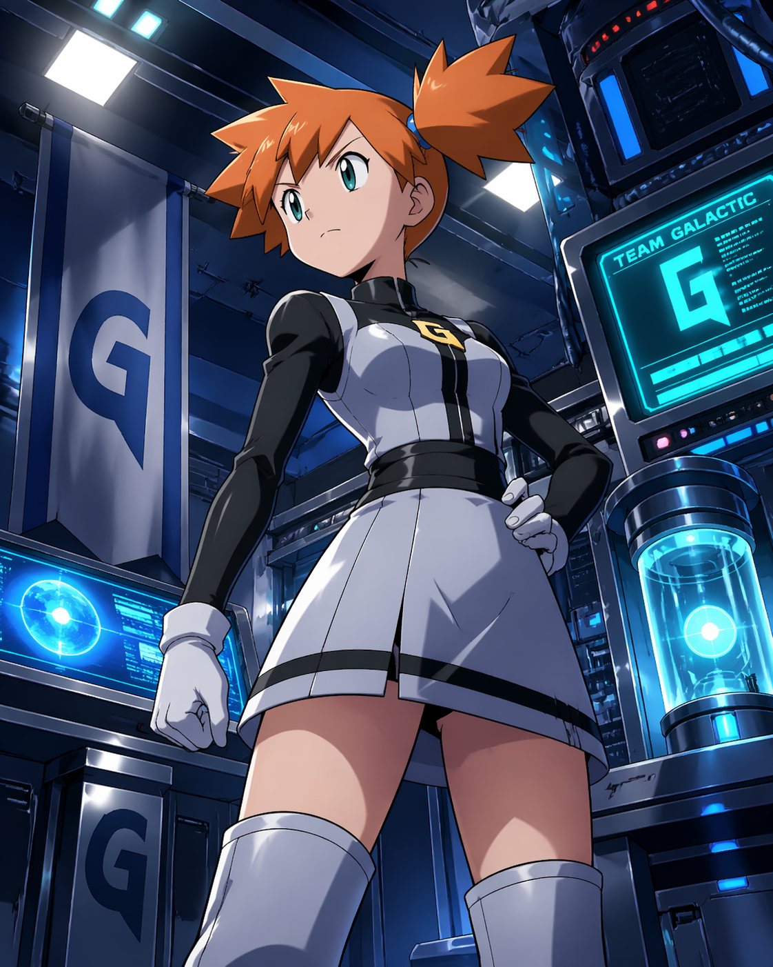 heroic female trainer in team galactic base