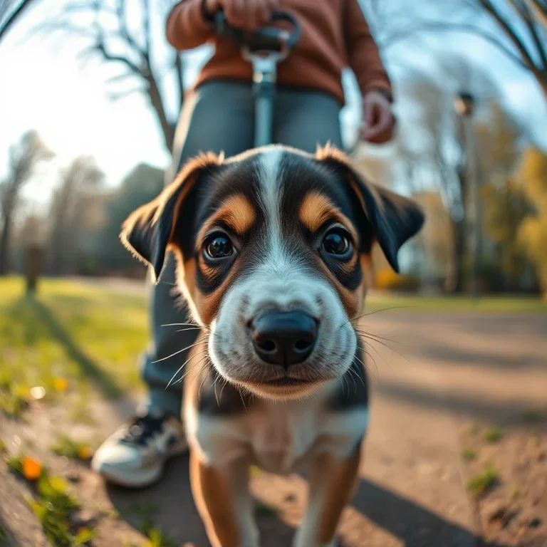 close up puppy led by owner