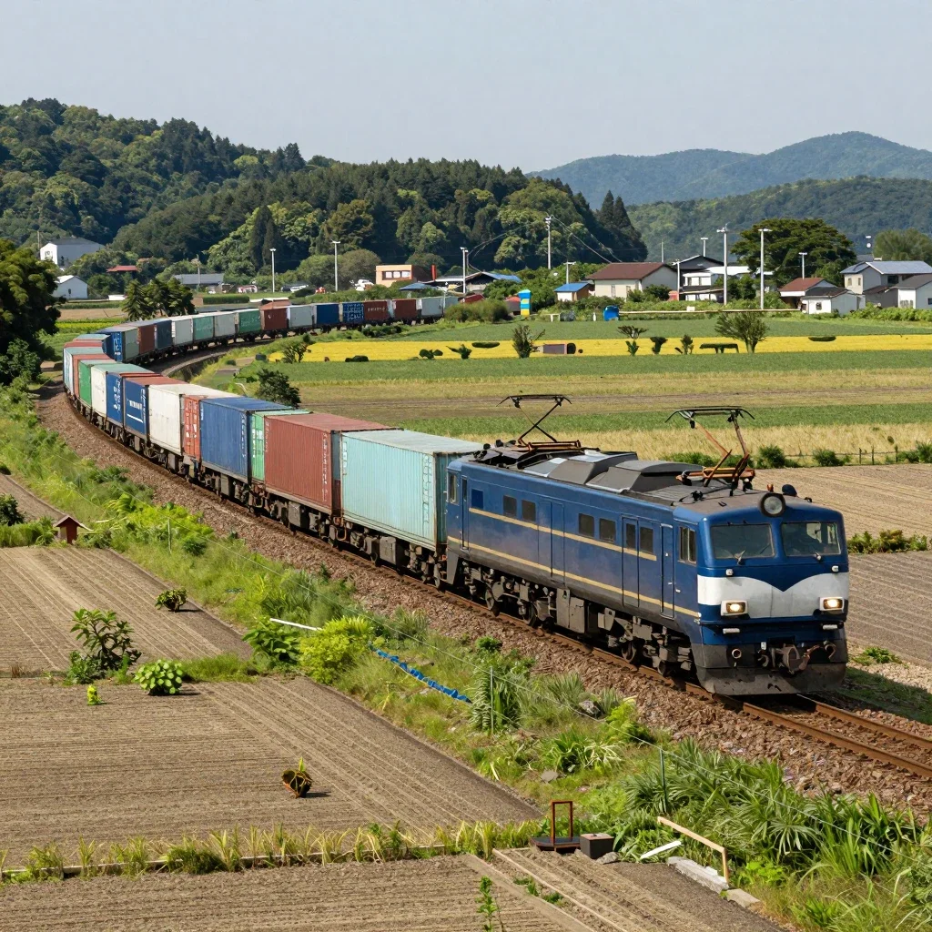 japanese blue electric locomotive freight train