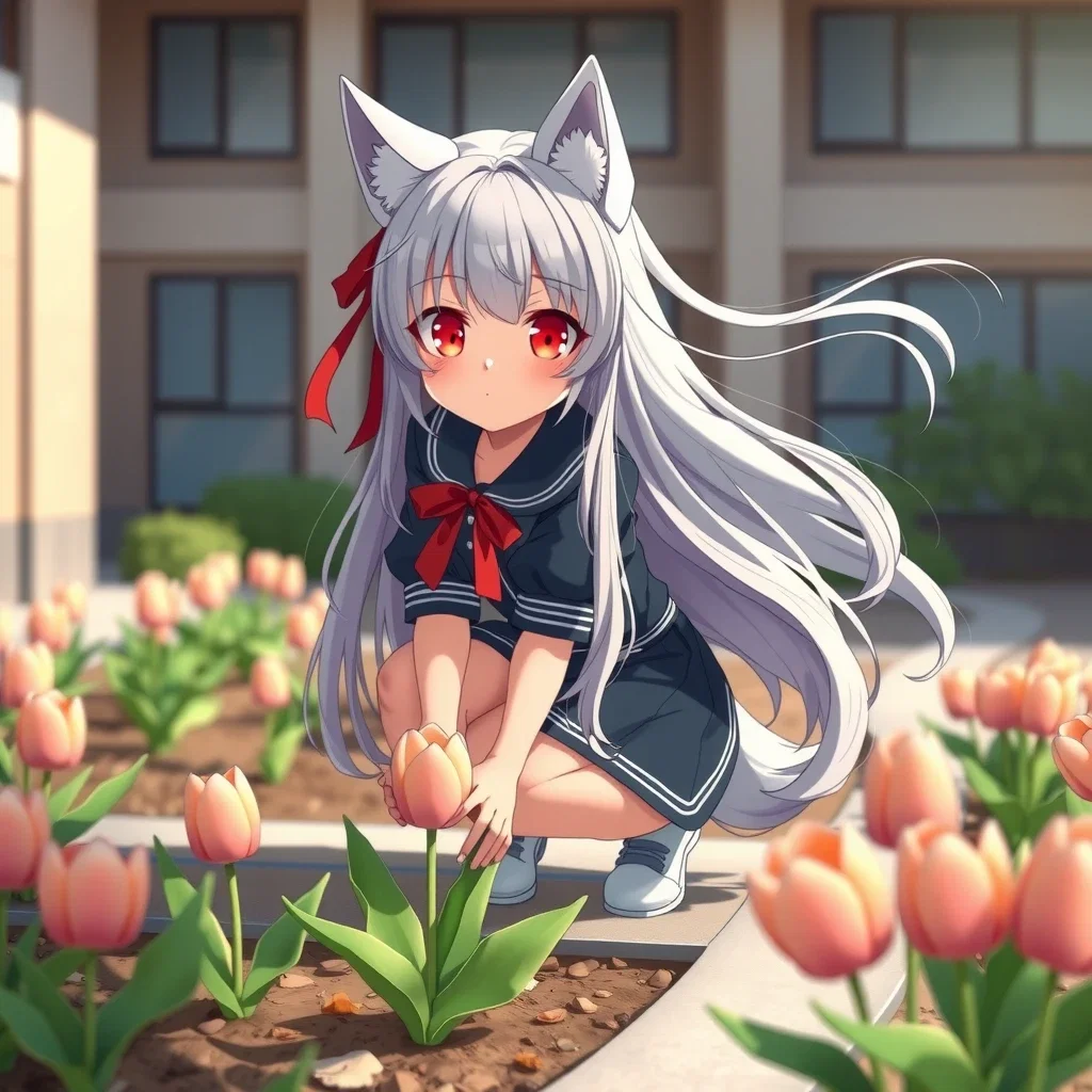 first day at school beautiful girl touching tulip
