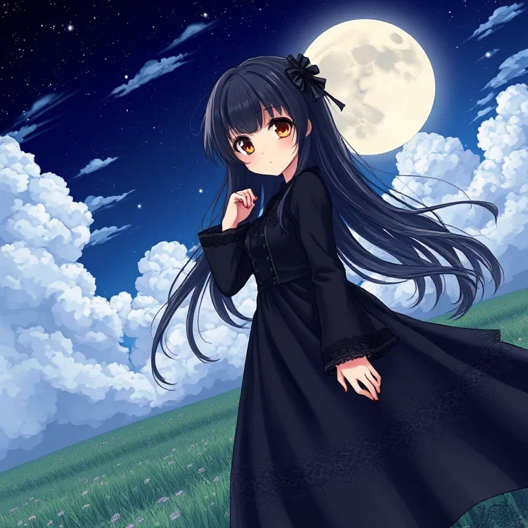 anime girl in black dress at night