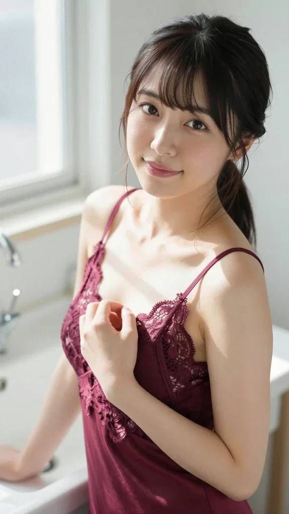 japanese woman burgundy lace camisole sink