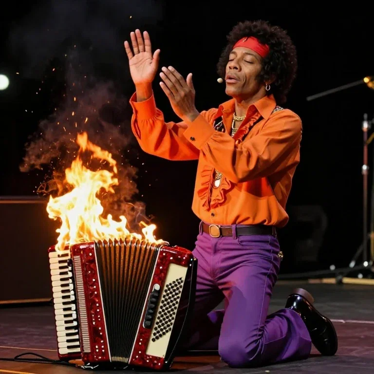 jimi hendrix with burning accordion