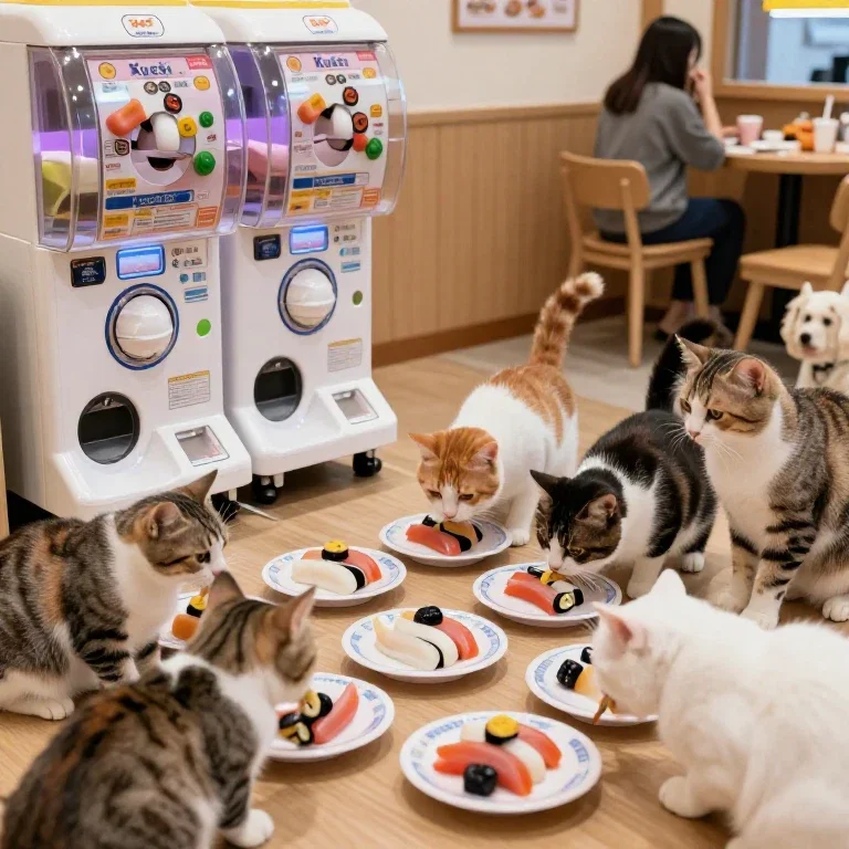 kitten streams eating tuna at kura sushi