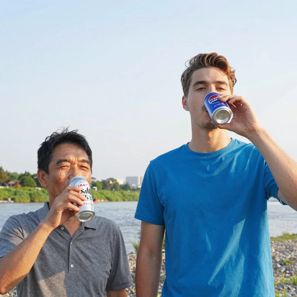 man enjoying asahi super dry on riverbank
