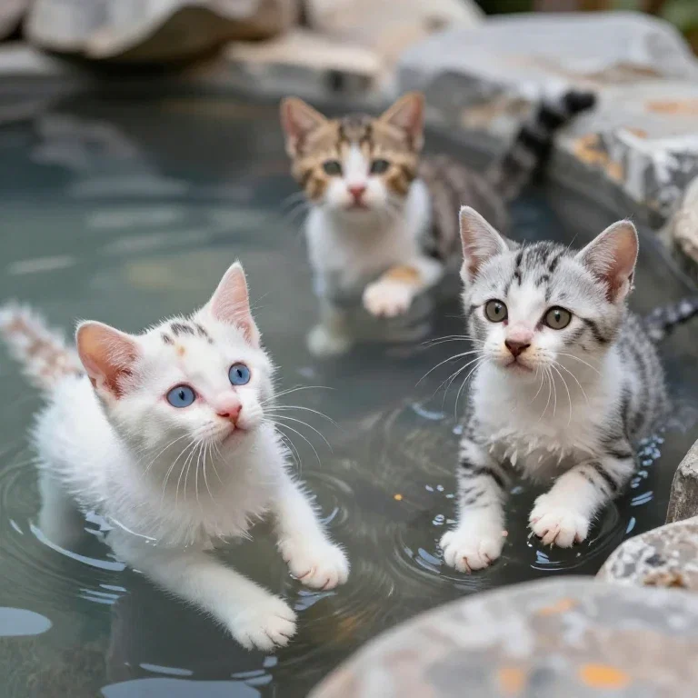 three playful kittens in hot spring