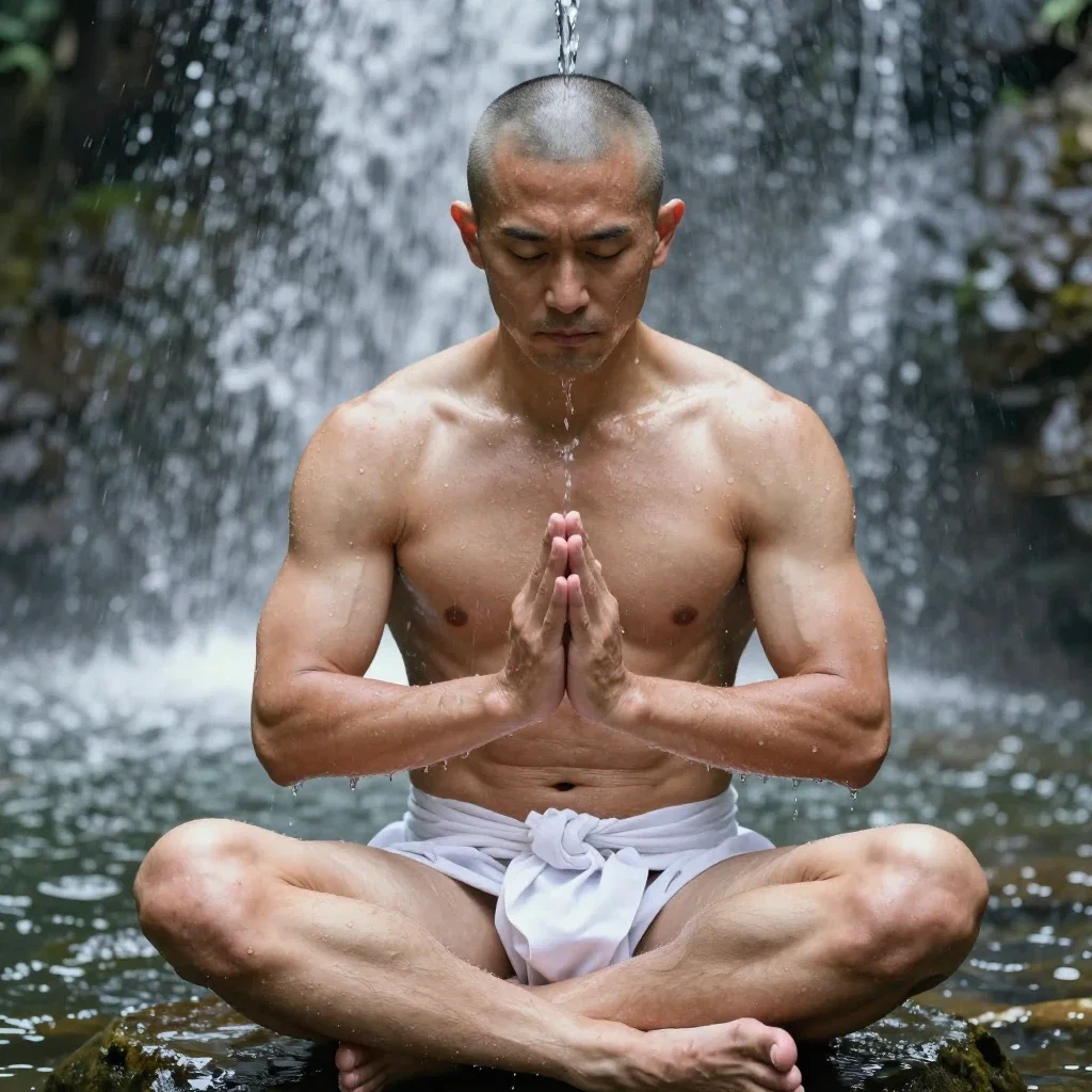 muscular japanese man waterfall meditation