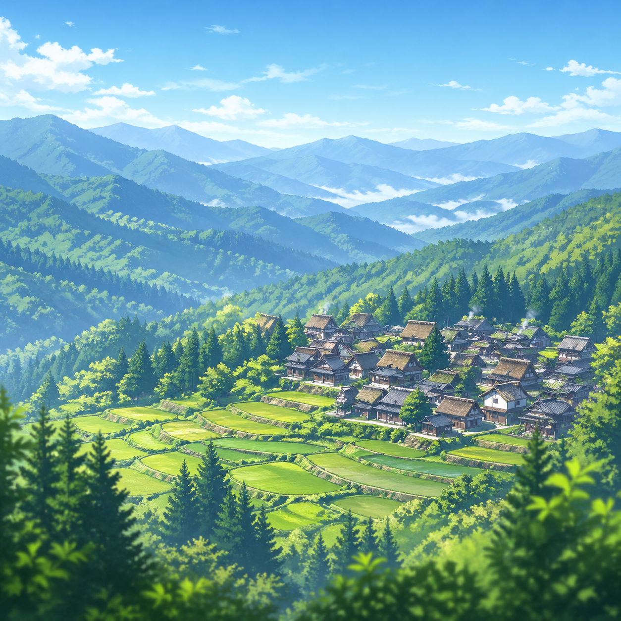 anime style japanese mountain village landscape