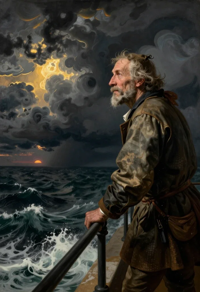 old lighthouse keeper gripping railing