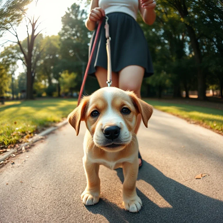fisheye photo of puppy with woman in park