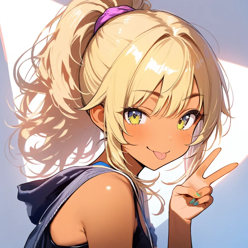 blonde ponytail girl winking in shibuya