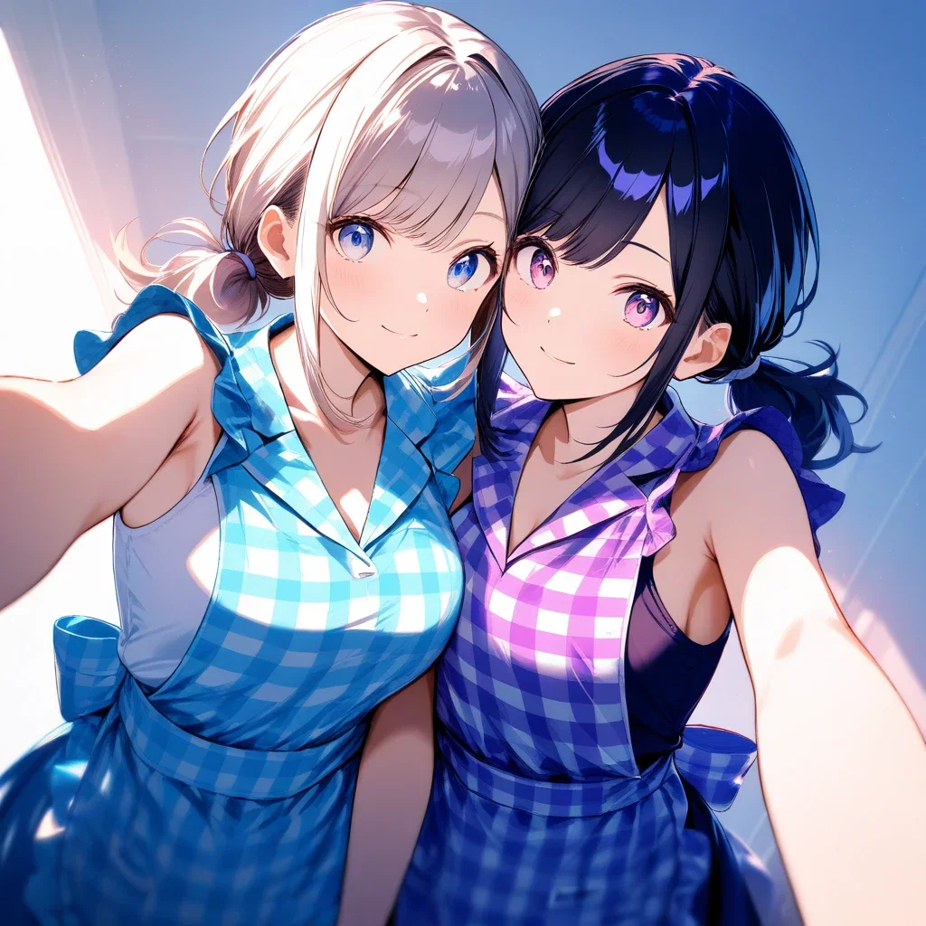 two women in checkered aprons selfie