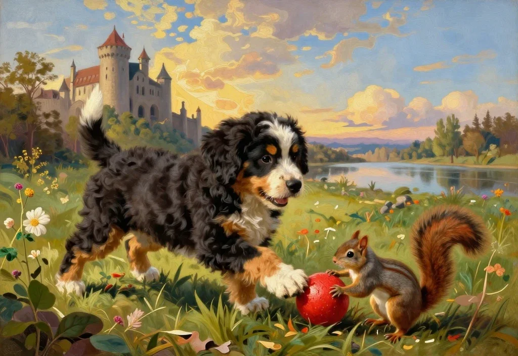 bernedoodle puppy squirrel tussling red ball