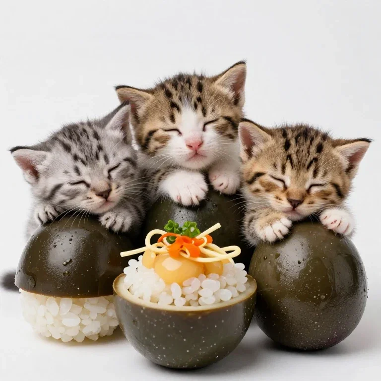three kittens sleeping on sushi