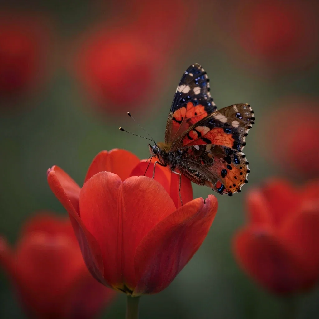 bright red swallowtail butterfly on tulip