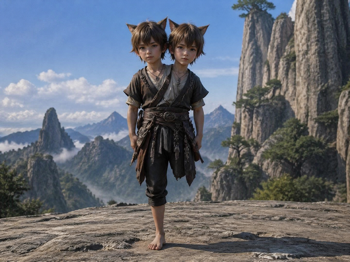 photorealistic final fantasy 14 barefoot two headed