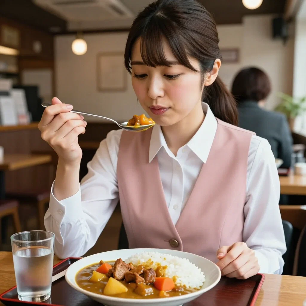 japanese office lady eating curry