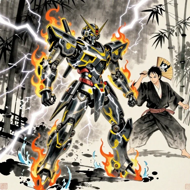samurai robot in flames lightning water
