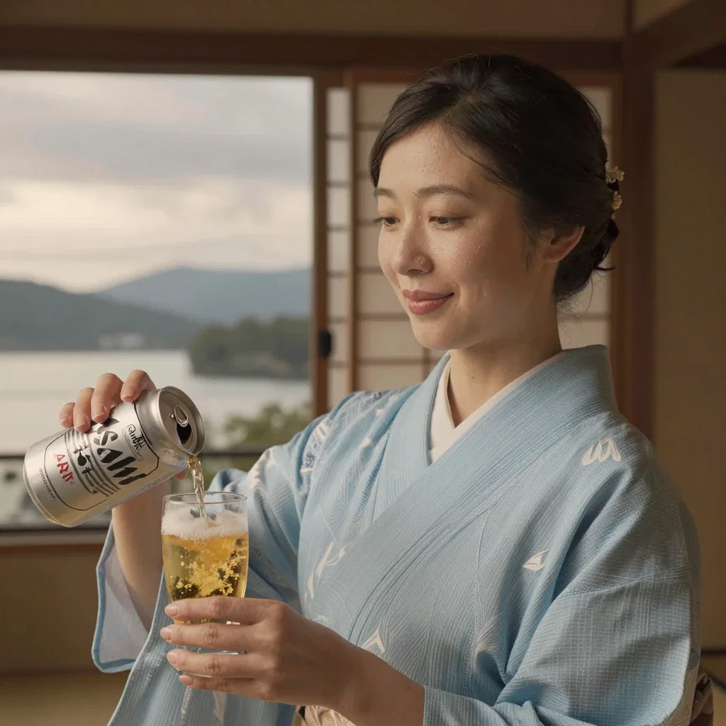 japanese woman pouring beer at ryokan