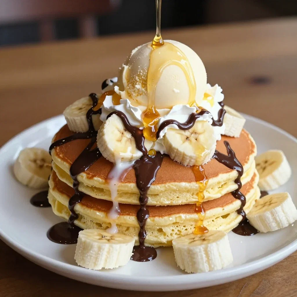 heaping pile of hotcakes topped with sweets