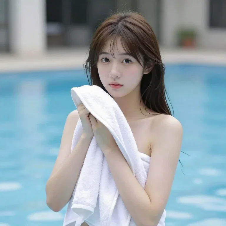cute beautiful girl towel school pool