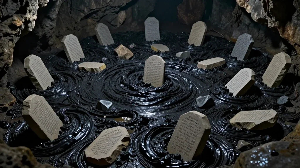 cave with black slime swamp and ancient spell tablets