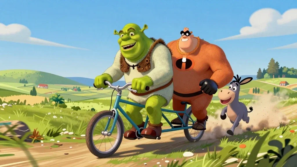 shrek and mr incredible on a tandem bike