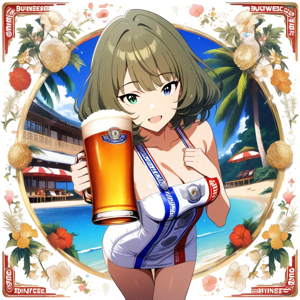 anime girl in budweiser dress on beach