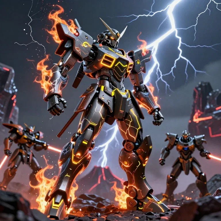 samurai robot in rain fire lightning