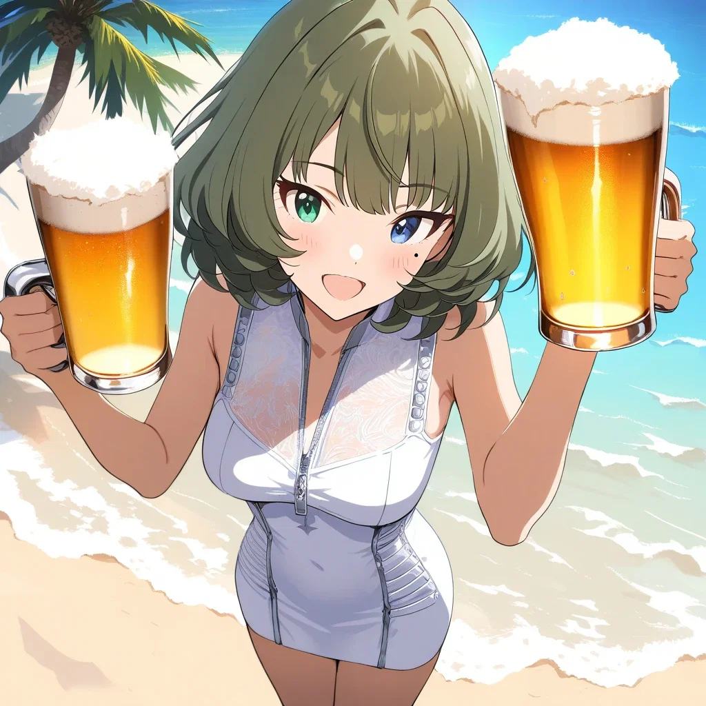 anime girl holding beer on beach