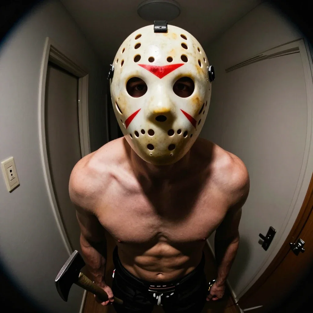 tall muscular bald man hockey mask