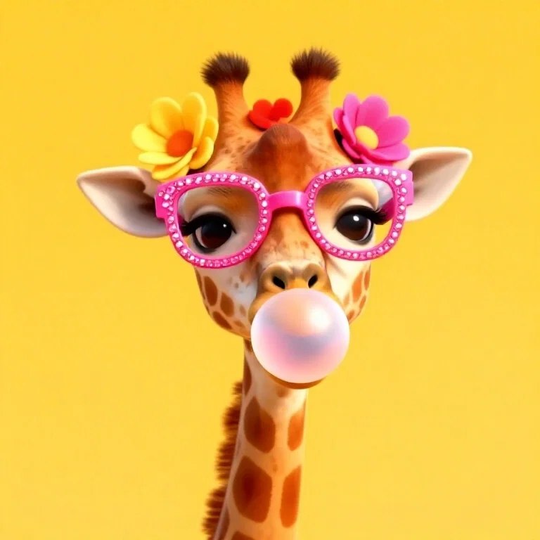 whimsical portrait playful giraffe blowing bubble