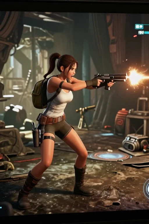 lara croft firing guns in ruins