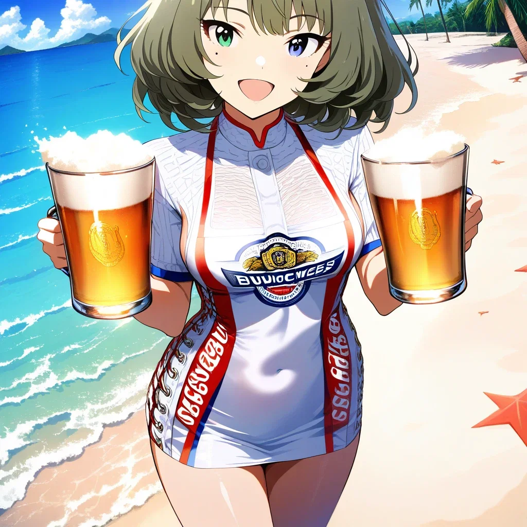 anime girl in budweiser dress on beach