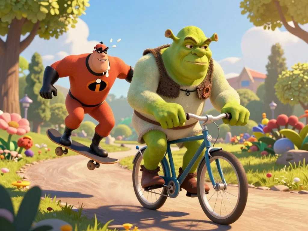 shrek cycling mr incredible skateboarding