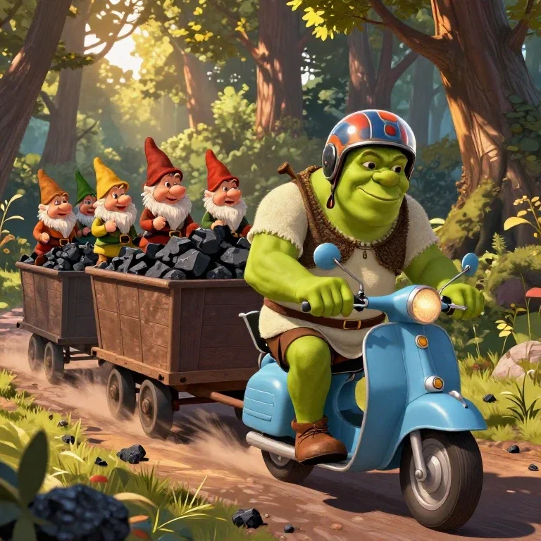 shrek riding moped dwarfs coal