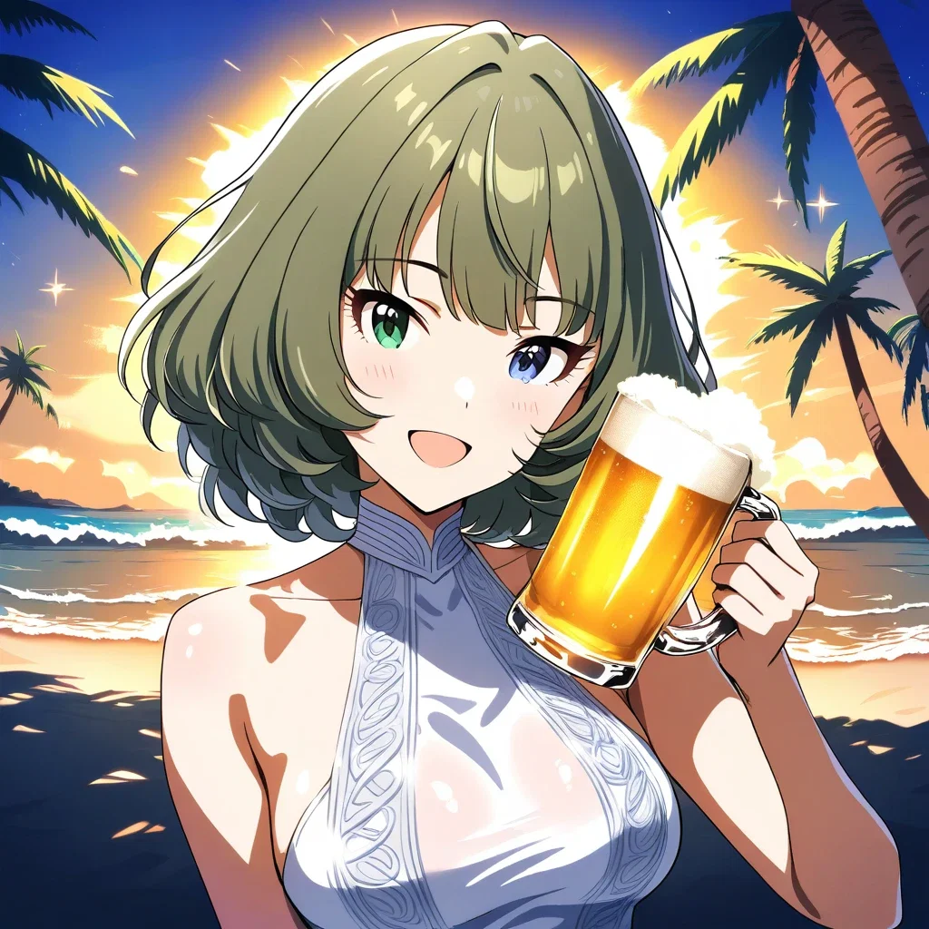 girl in white budweiser dress on beach