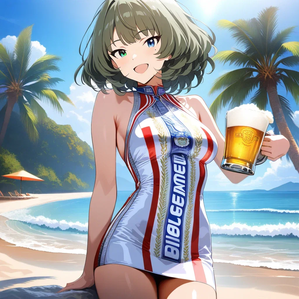 anime girl in white budweiser dress on beach
