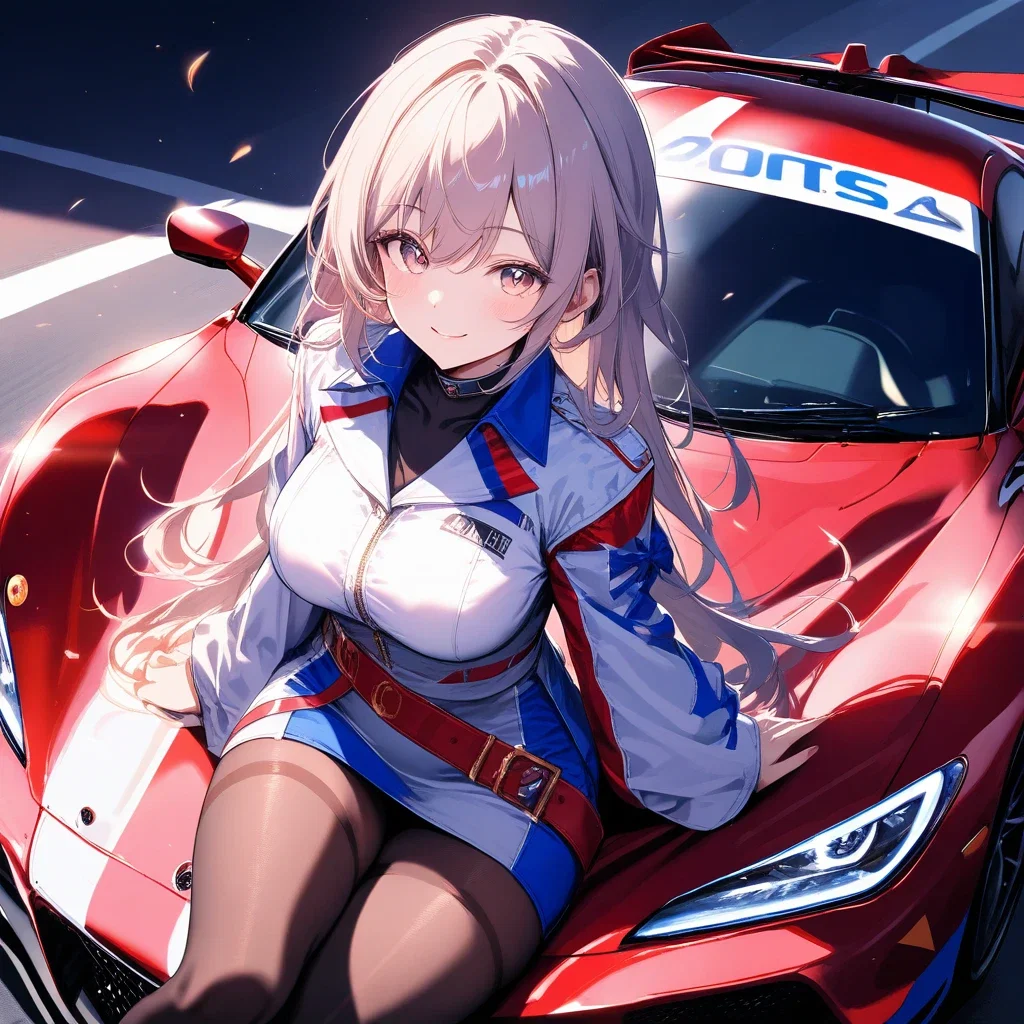 woman sitting on race car smiling
