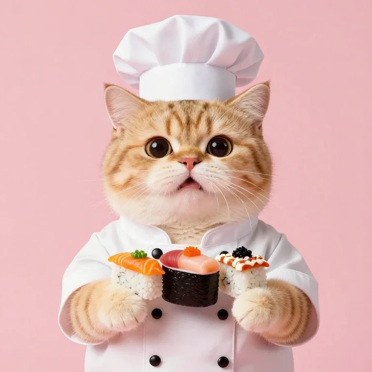 chubby cat chef holding sushi