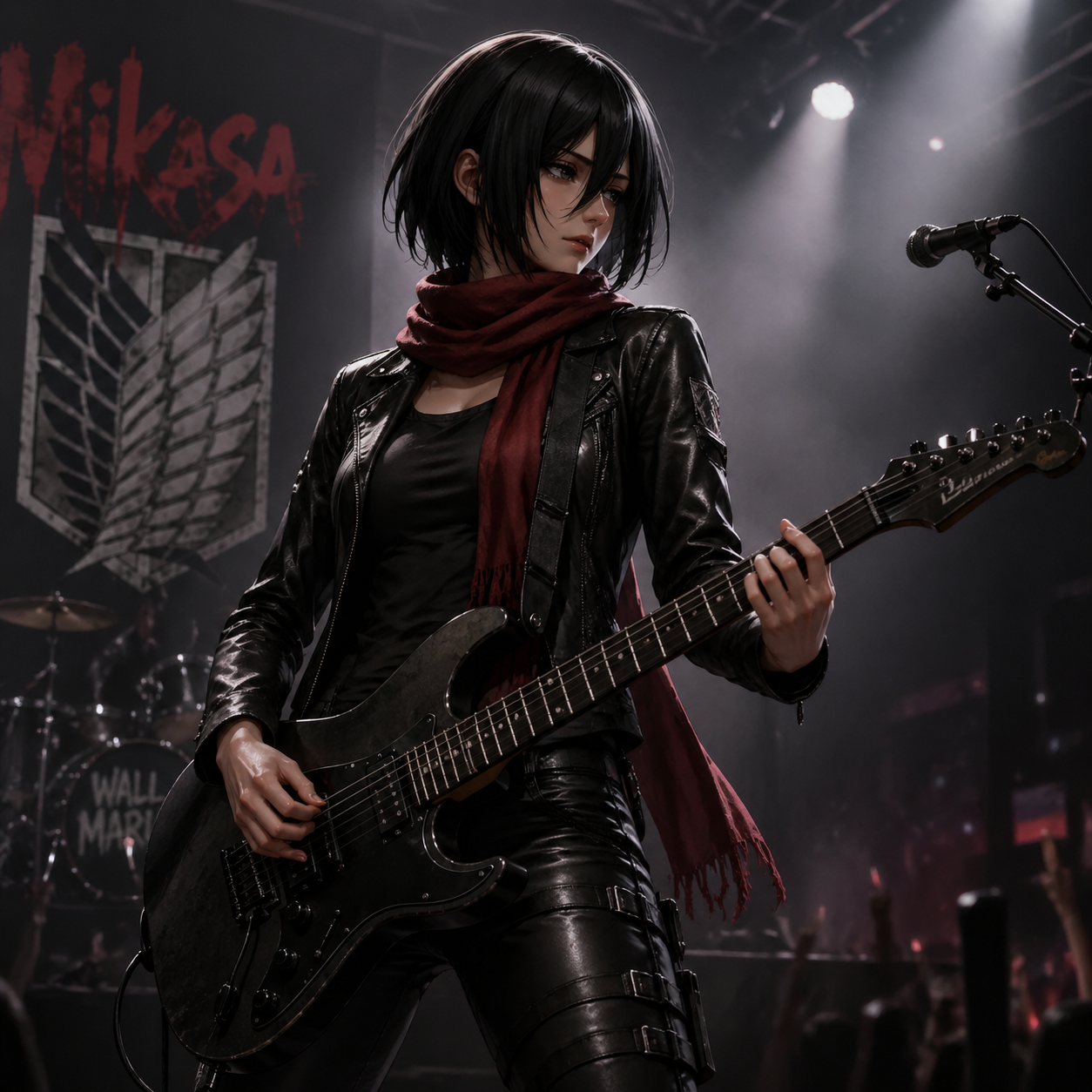 mikasa guitarist leather red scarf short hair
