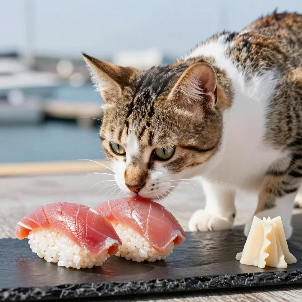 cat smelling tuna sushi port