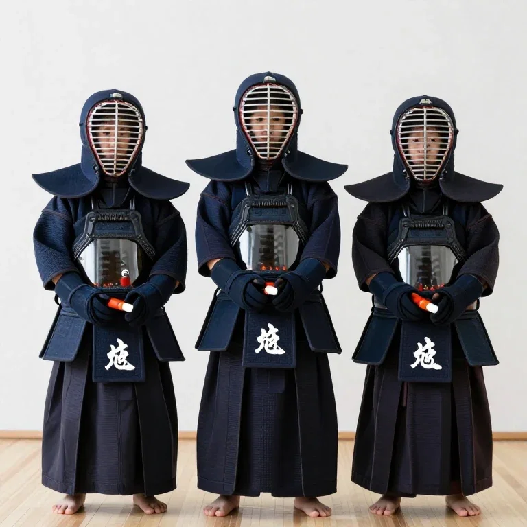 three kittens in kendo uniforms
